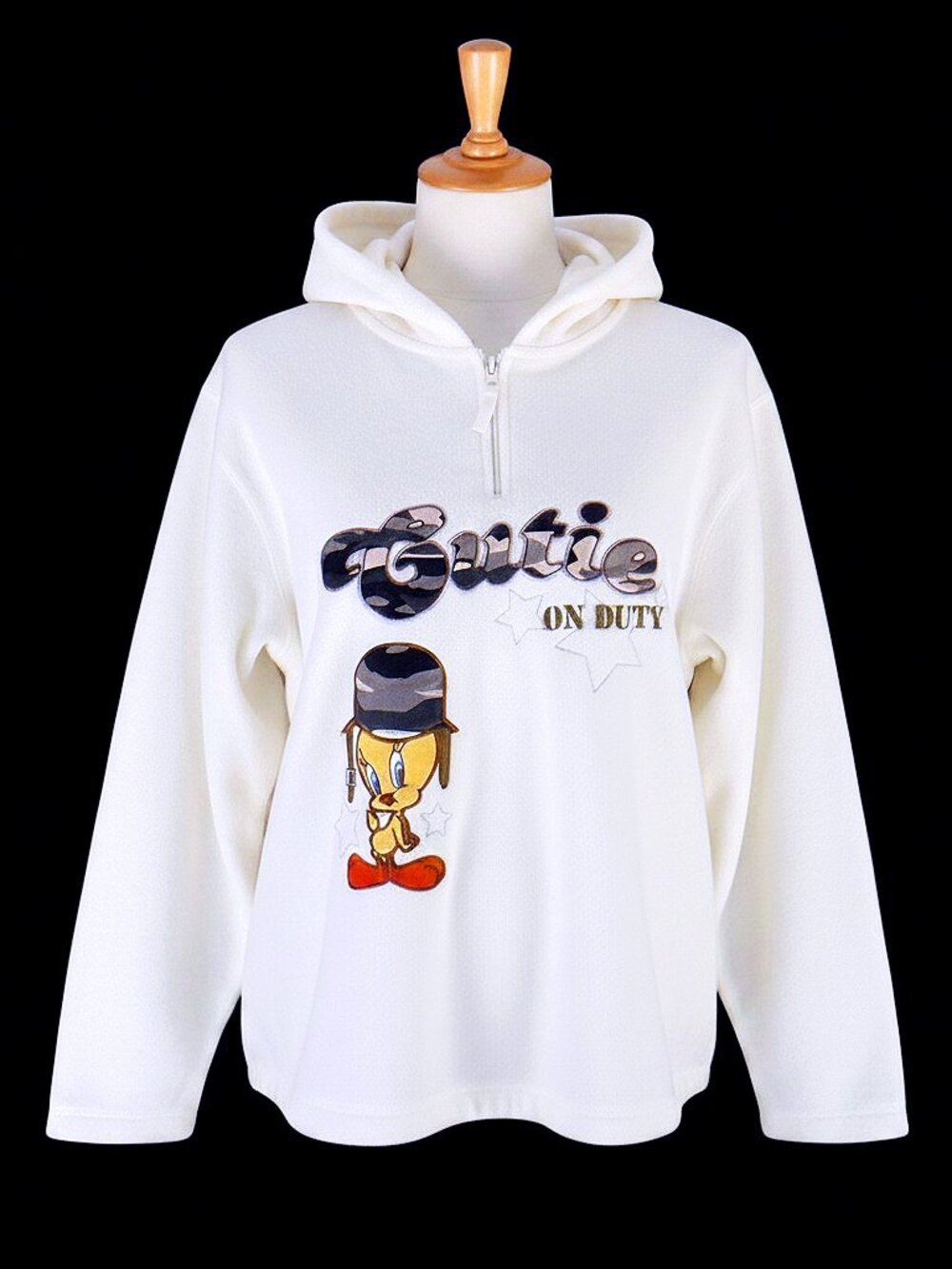 Looney Tunes Tweety Bird Cream Fuzzy Quarter Zip Fleece Hoodie L
